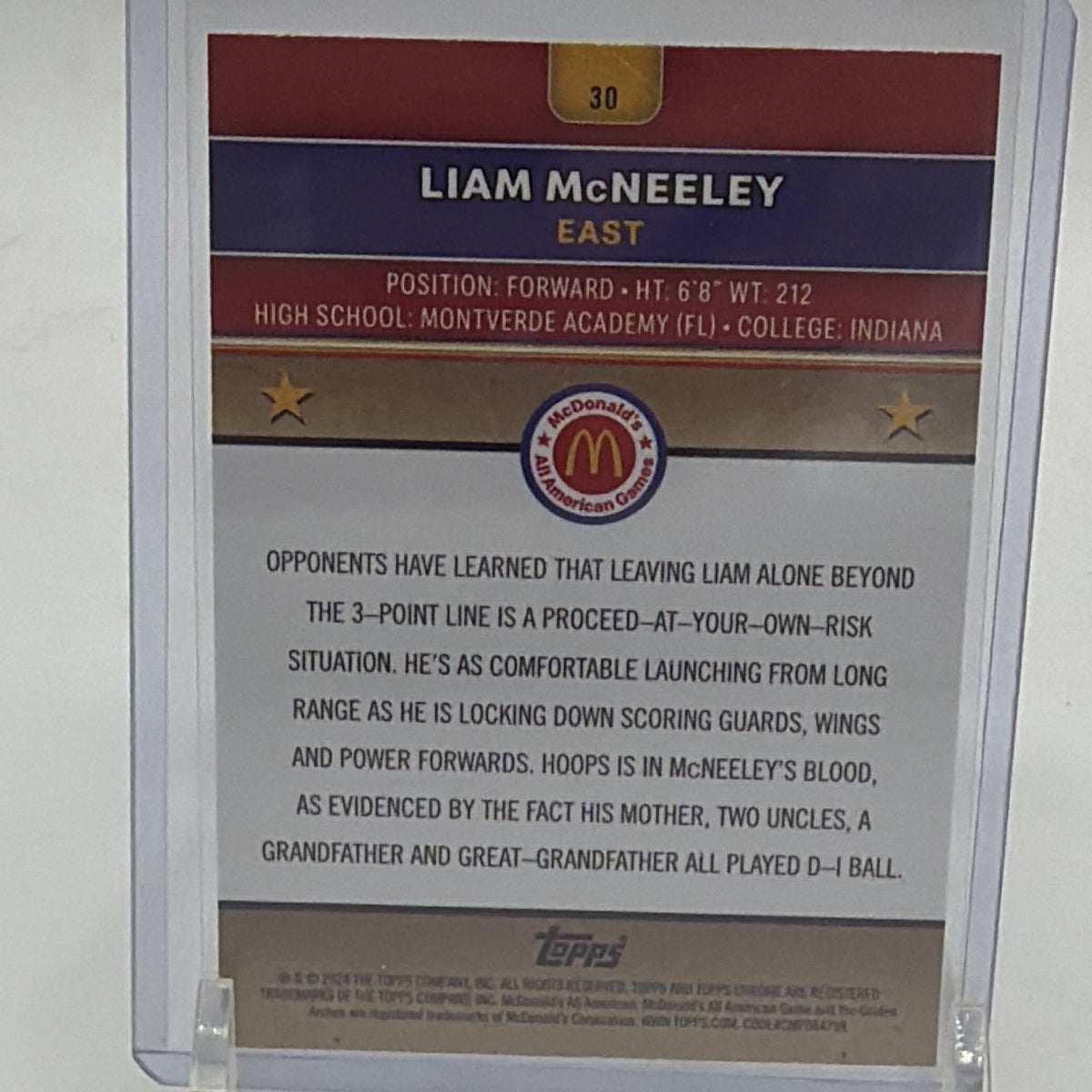 Back of Liam McNeeley 2024 Topps Chrome McDonald’s All American #30 numbered 26/75