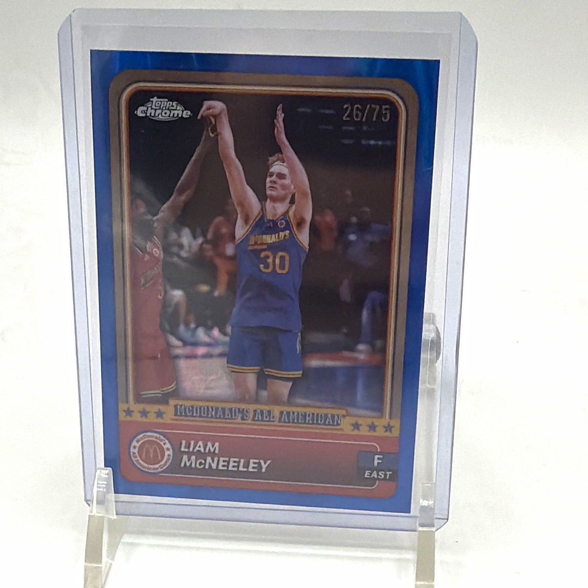 Front of 2024 Topps Chrome McDonald’s All American Liam McNeeley #30 Logo Refractor numbered 26/75