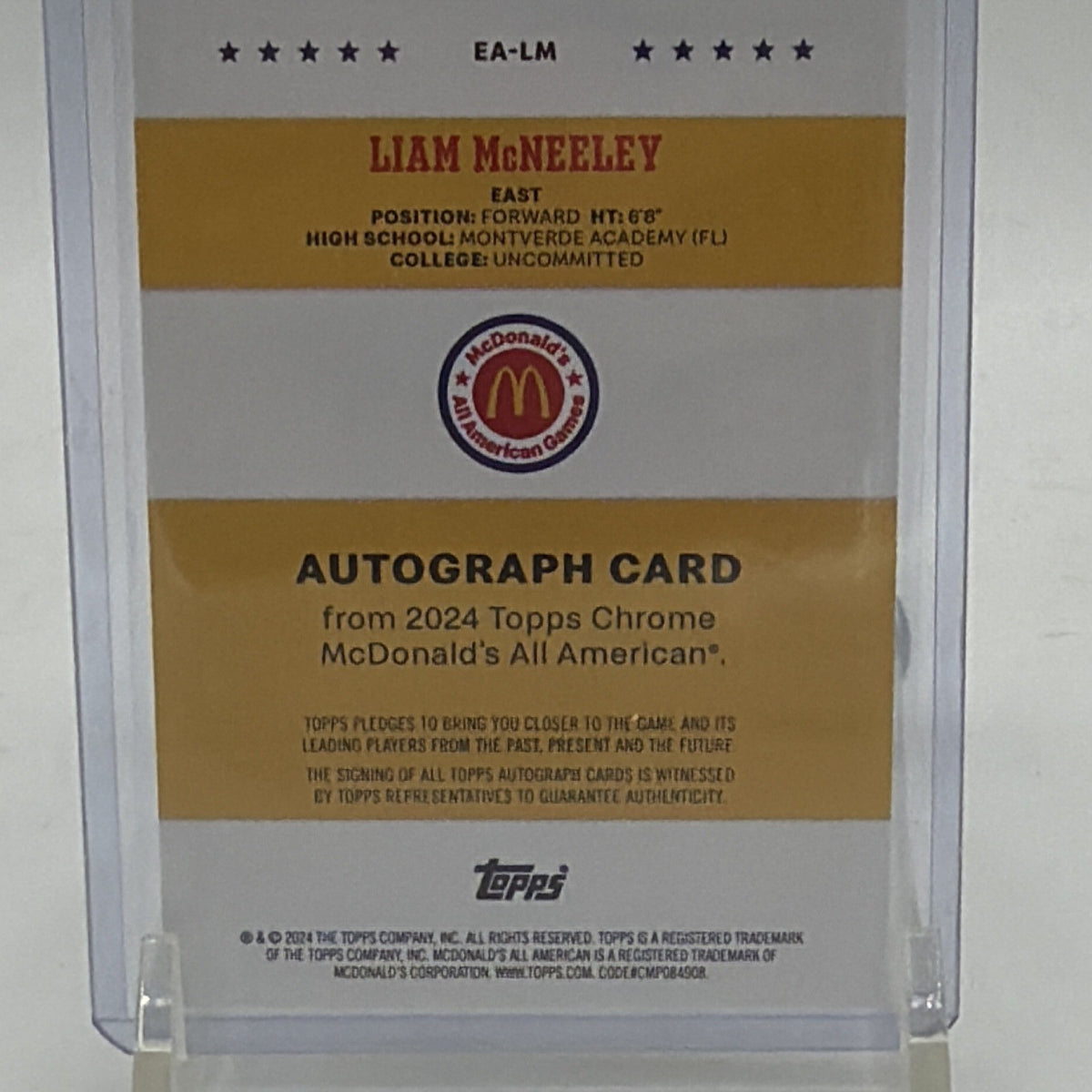 Back of 2024 Topps Chrome McDonald's All American Liam McNeeley autograph #30