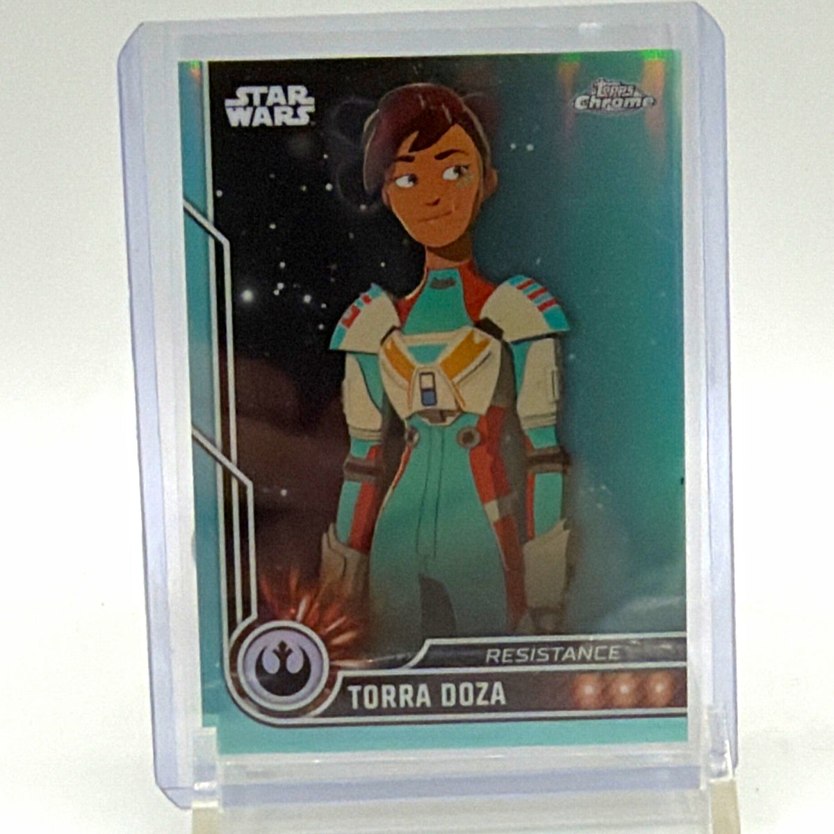 Front of Topps Chrome Star Wars Resistance Torra Doza card, numbered 051/199