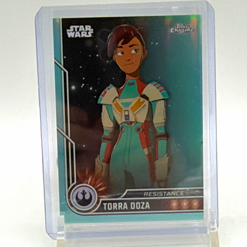 Front of Topps Chrome Star Wars Resistance Torra Doza card, numbered 051/199