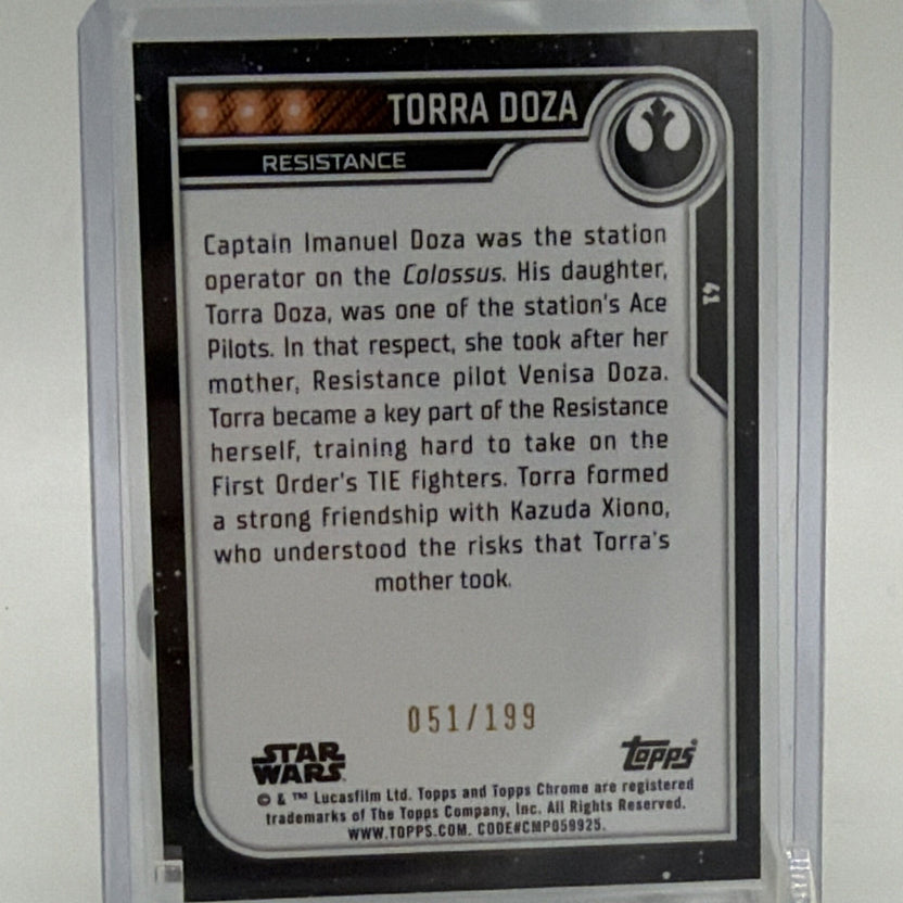 Reverse of Torra Doza Topps Chrome Star Wars card with character information