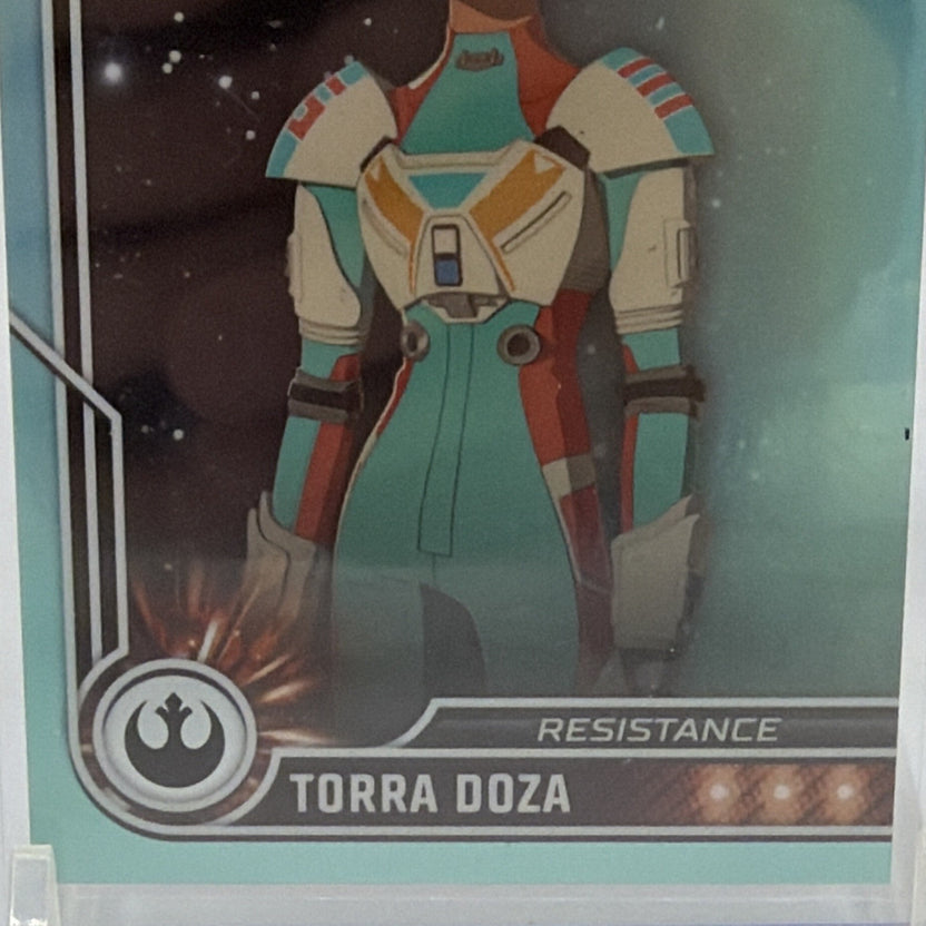 Detail of Torra Doza nameplate and Resistance insignia on trading card