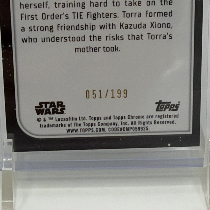 Close-up of Torra Doza trading card serial number 051/199