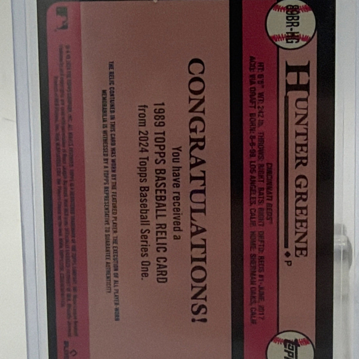 Detail of Topps memorabilia authentication statement on reverse of Hunter Greene #89BR-HG
