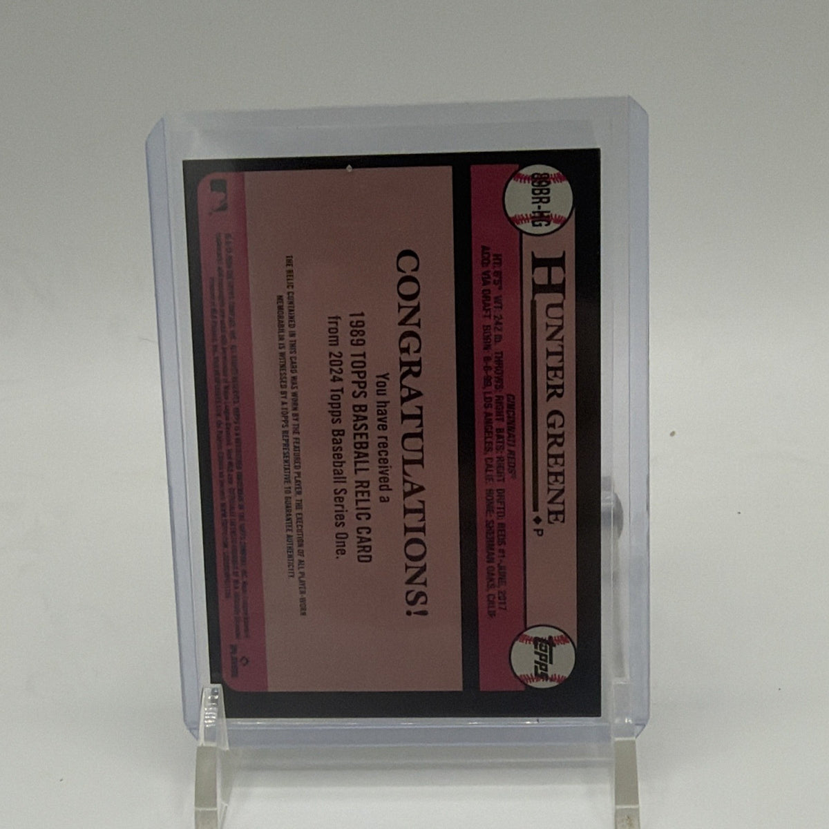 Close-up of reverse design and identification on Hunter Greene 1989 Baseball Relics card