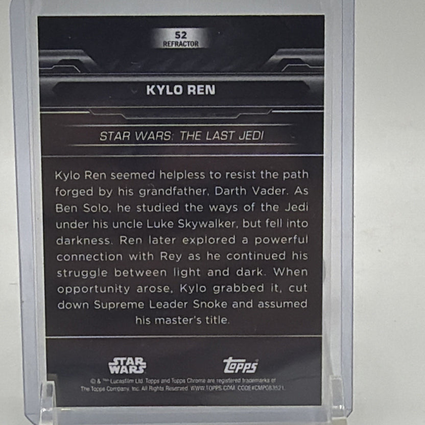 Reverse of Kylo Ren #52 Rainbow Refractor card with Star Wars character description
