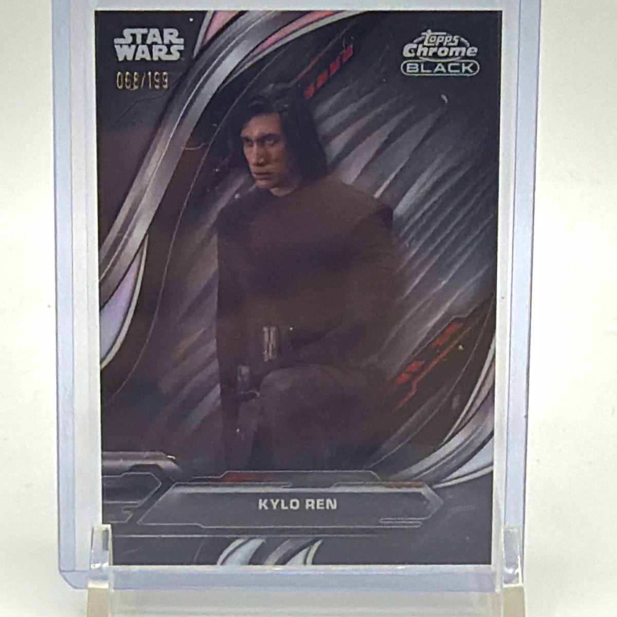 Front of 2024 Topps Star Wars Chrome Black Kylo Ren #52 Rainbow Refractor numbered 068/199