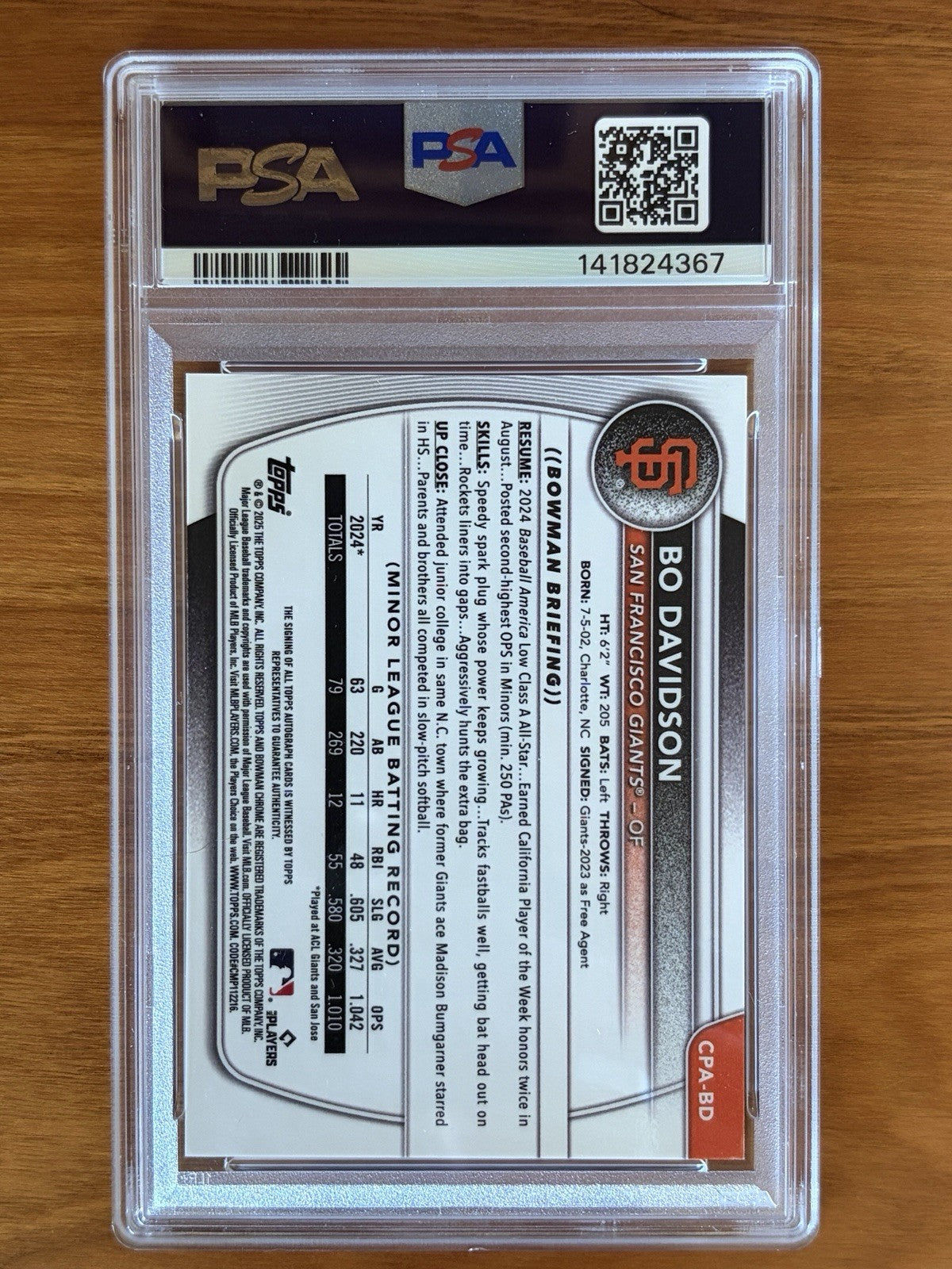 Back of 2025 Bowman Chrome Bo Davidson Blue Reptilian autograph card numbered 150 of 150 in PSA holder, showing player statistics, biography, and authentication details.