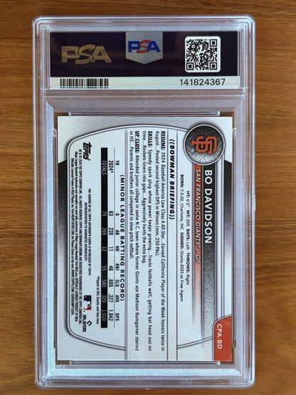 Back of 2025 Bowman Chrome Bo Davidson Blue Reptilian autograph card numbered 150 of 150 in PSA holder, showing player statistics, biography, and authentication details.