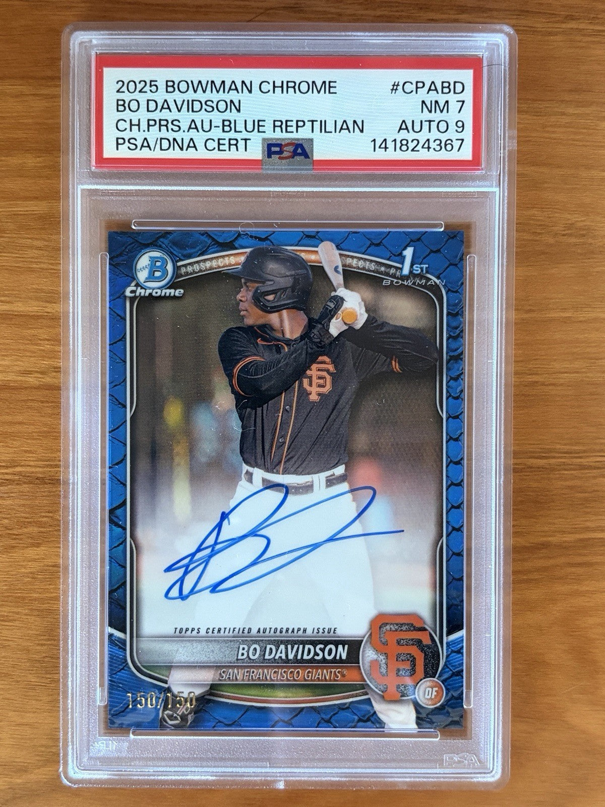 2025 Bowman Chrome Bo Davidson Blue Reptilian autograph card numbered 150 of 150, PSA 7 with Auto 9 grade, featuring San Francisco Giants prospect Bo Davidson.