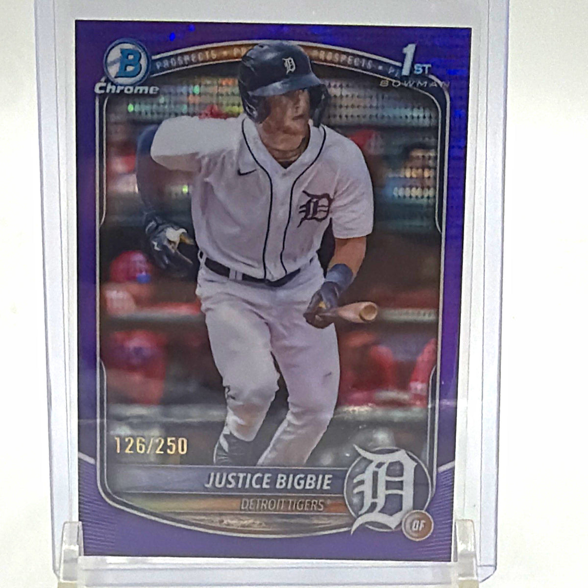 Front of 2025 Bowman Chrome Justice Bigbie 1st Bowman Purple Pulsar #BCP-215 numbered 126/250