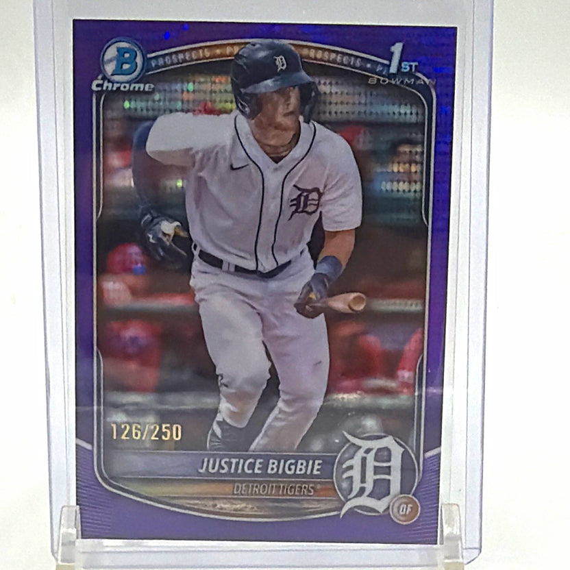 Front of 2025 Bowman Chrome Justice Bigbie 1st Bowman Purple Pulsar #BCP-215 numbered 126/250