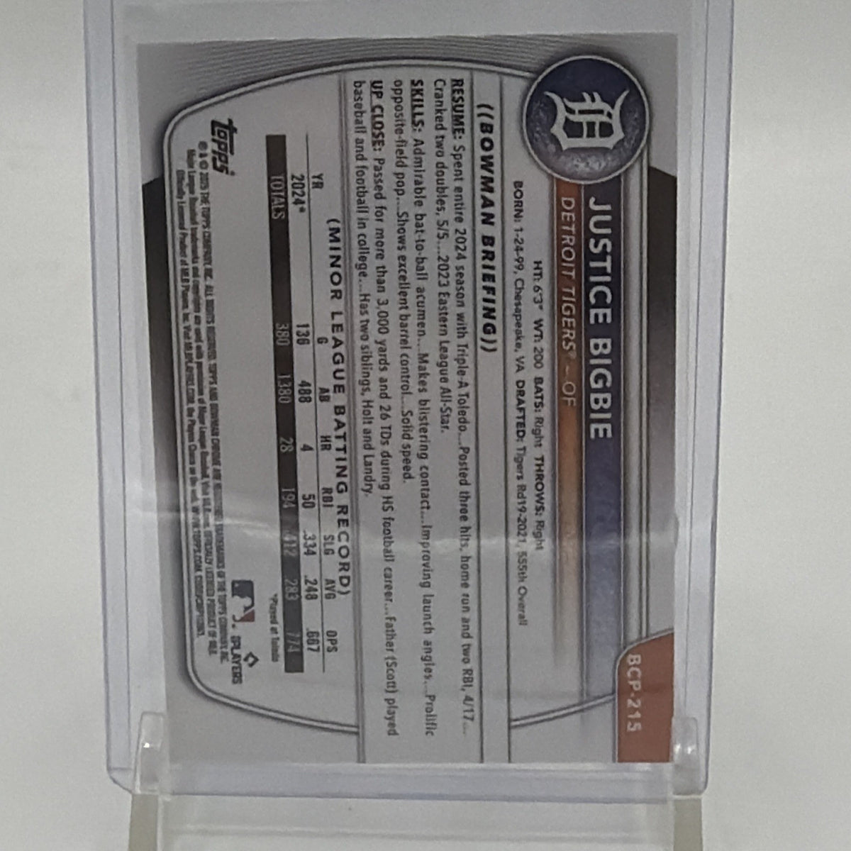 Back of 2025 Bowman Chrome Justice Bigbie #BCP-215 for the Detroit Tigers