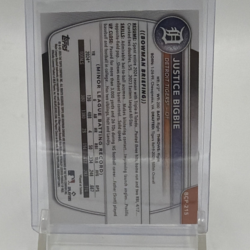 Back of 2025 Bowman Chrome Justice Bigbie #BCP-215 for the Detroit Tigers