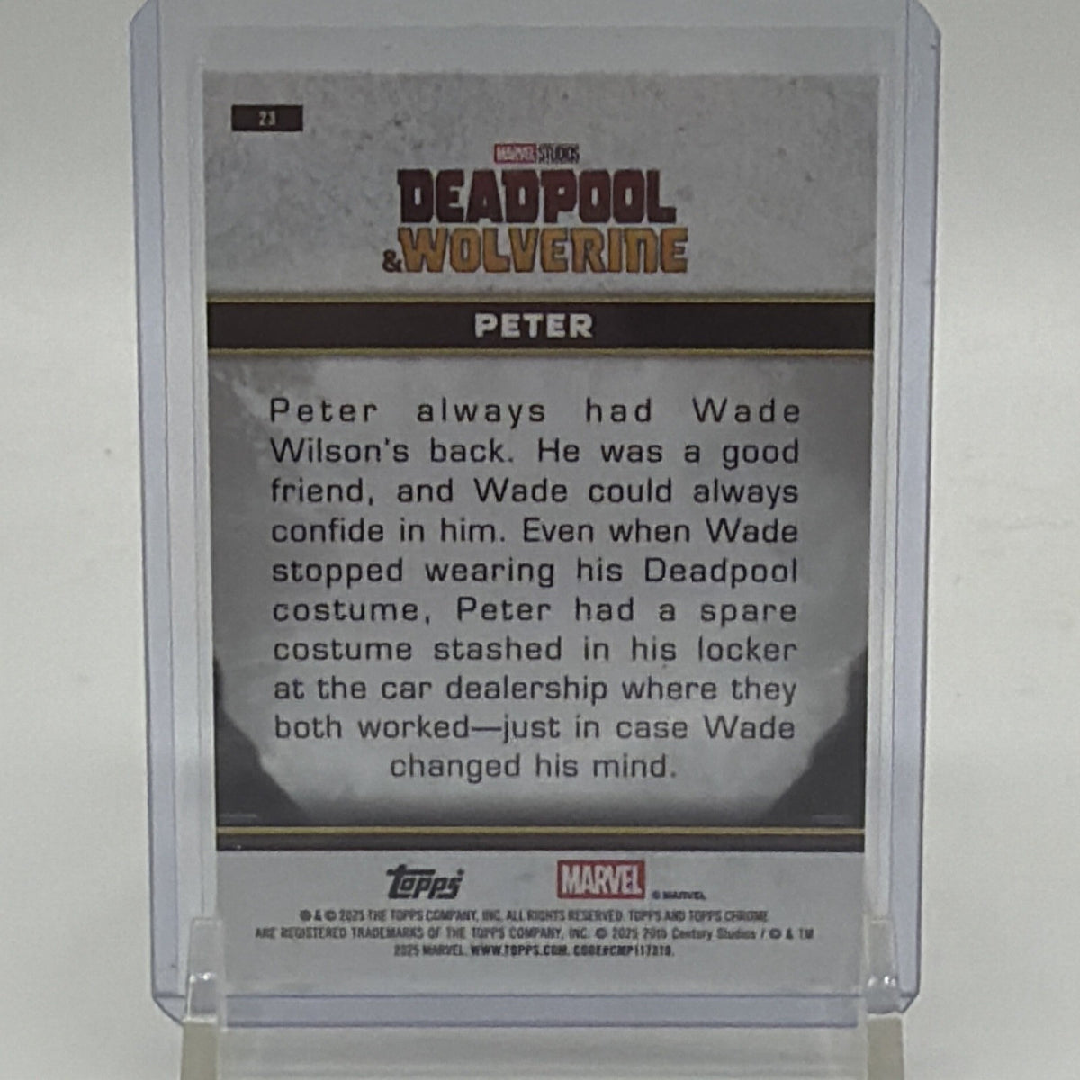 Back of 2025 Topps Chrome Deadpool Peter #23 Purple Wave parallel