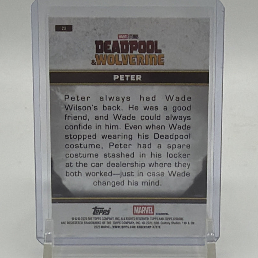 Back of 2025 Topps Chrome Deadpool Peter #23 Purple Wave parallel