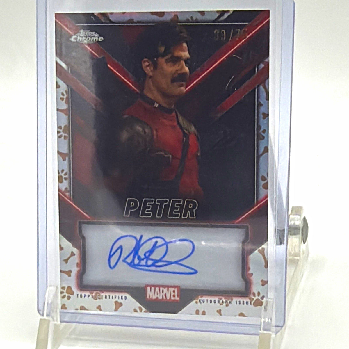 Front of 2025 Topps Chrome Deadpool Rob Delaney Peter autograph #TC-RB Dogpool Refractor numbered 39/75
