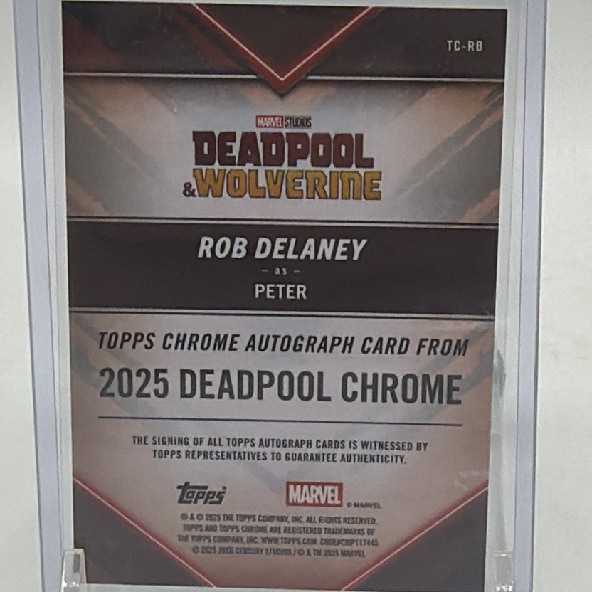 Back of 2025 Topps Chrome Deadpool Rob Delaney as Peter autograph #TC-RB