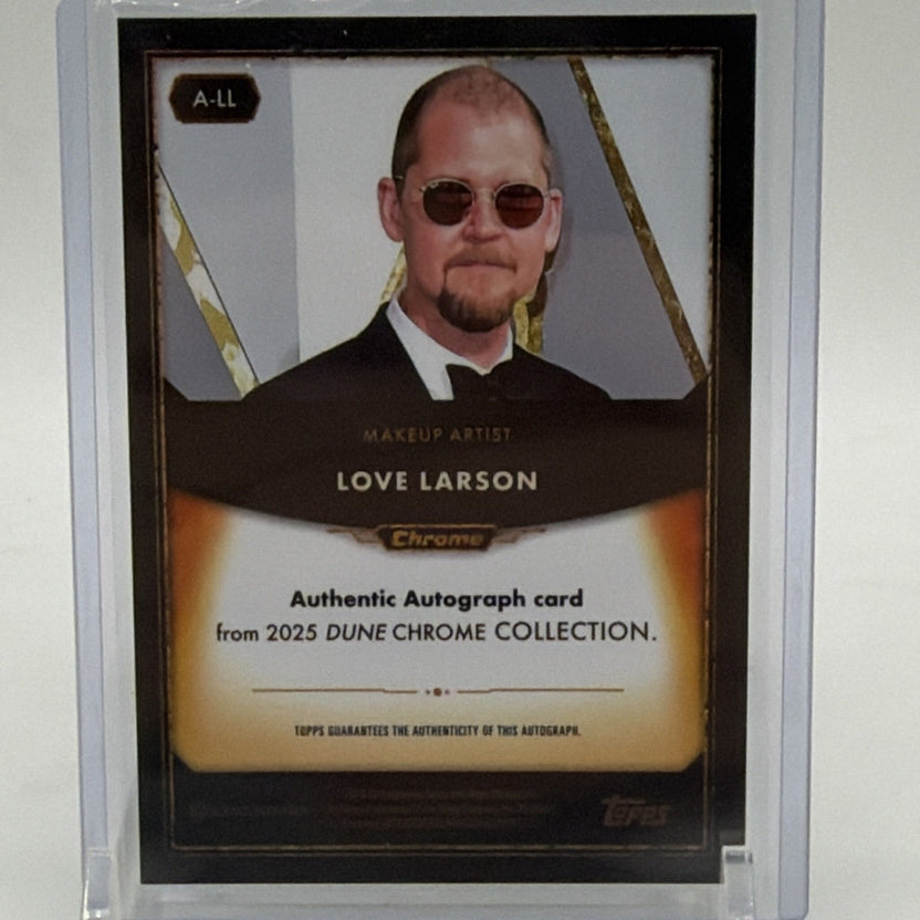 Back of 2025 Topps Dune Chrome Love Larson autograph card with actor portrait and printed information
