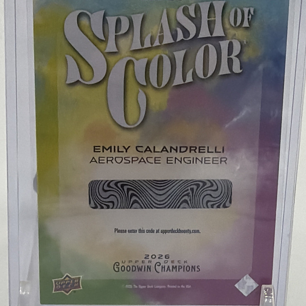 Back of 2026 Upper Deck Goodwin Champions Emily Calandrelli Splash of Color #SC-2