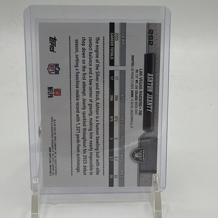 Back of 2026 Topps Ashton Jeanty Future Stars #262 for the Las Vegas Raiders