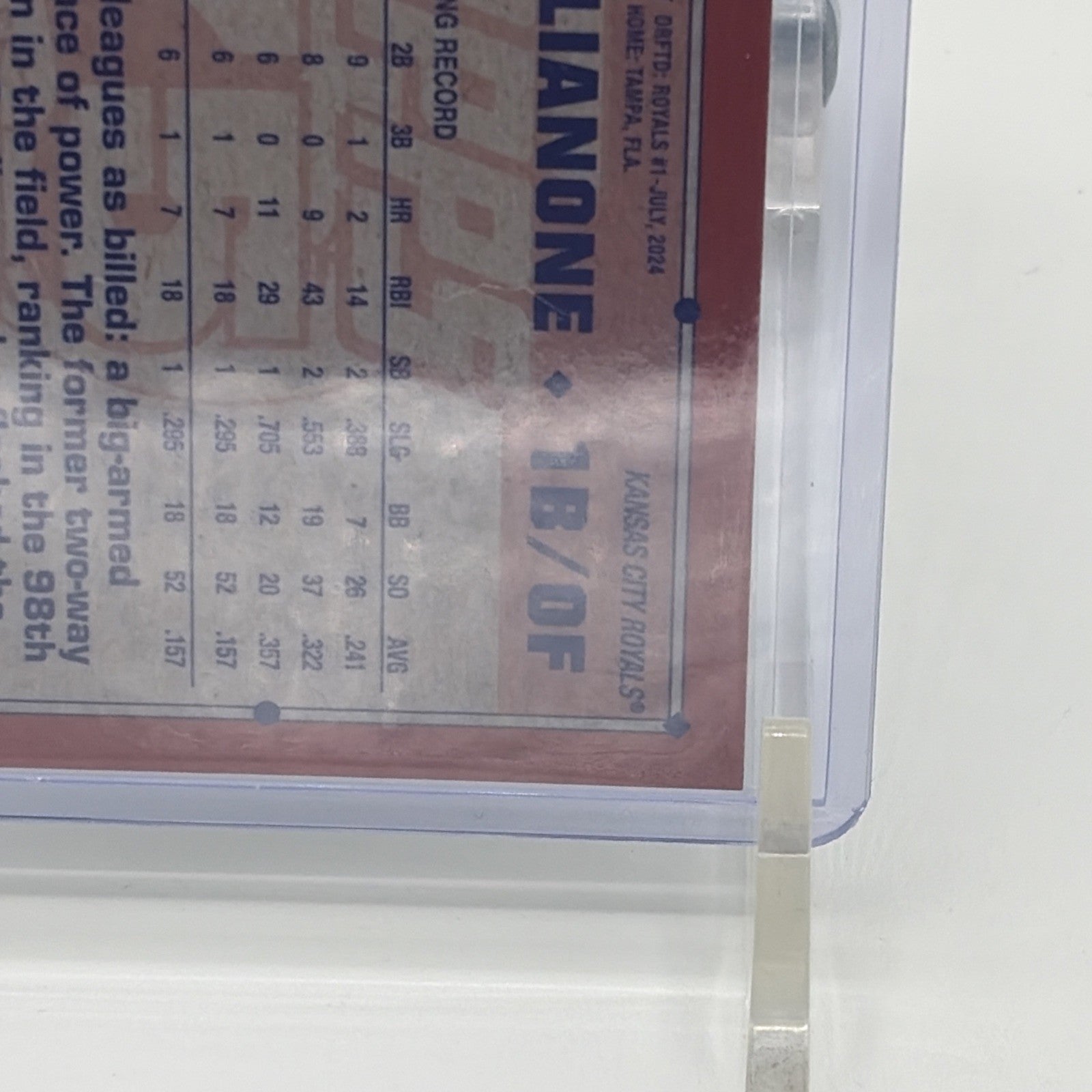 Close-up of the back statistics panel and biography on a 2026 Topps Chrome Jac Caglianone 75th Anniversary Refractor rookie card, highlighting minor and major league career statistics.