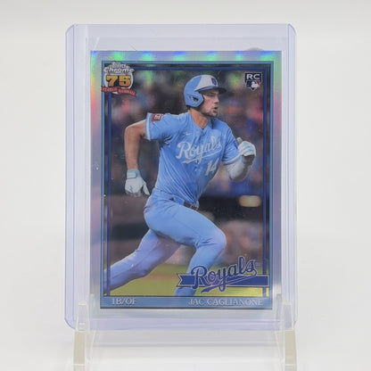 Front of 2026 Topps Chrome Jac Caglianone Rookie Card 75th Anniversary Refractor for the Kansas City Royals. Chrome rookie card featuring Caglianone in a powder blue Royals uniform with refractor finish.