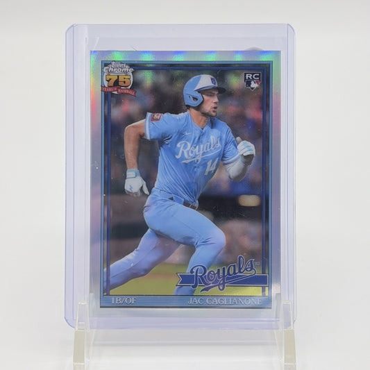Front of 2026 Topps Chrome Jac Caglianone Rookie Card 75th Anniversary Refractor for the Kansas City Royals. Chrome rookie card featuring Caglianone in a powder blue Royals uniform with refractor finish.