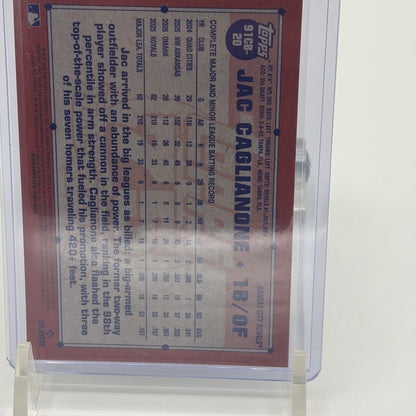 Back of 2026 Topps Chrome Jac Caglianone Rookie Card 75th Anniversary Refractor featuring career statistics, player biography, and card number 91CB-20.