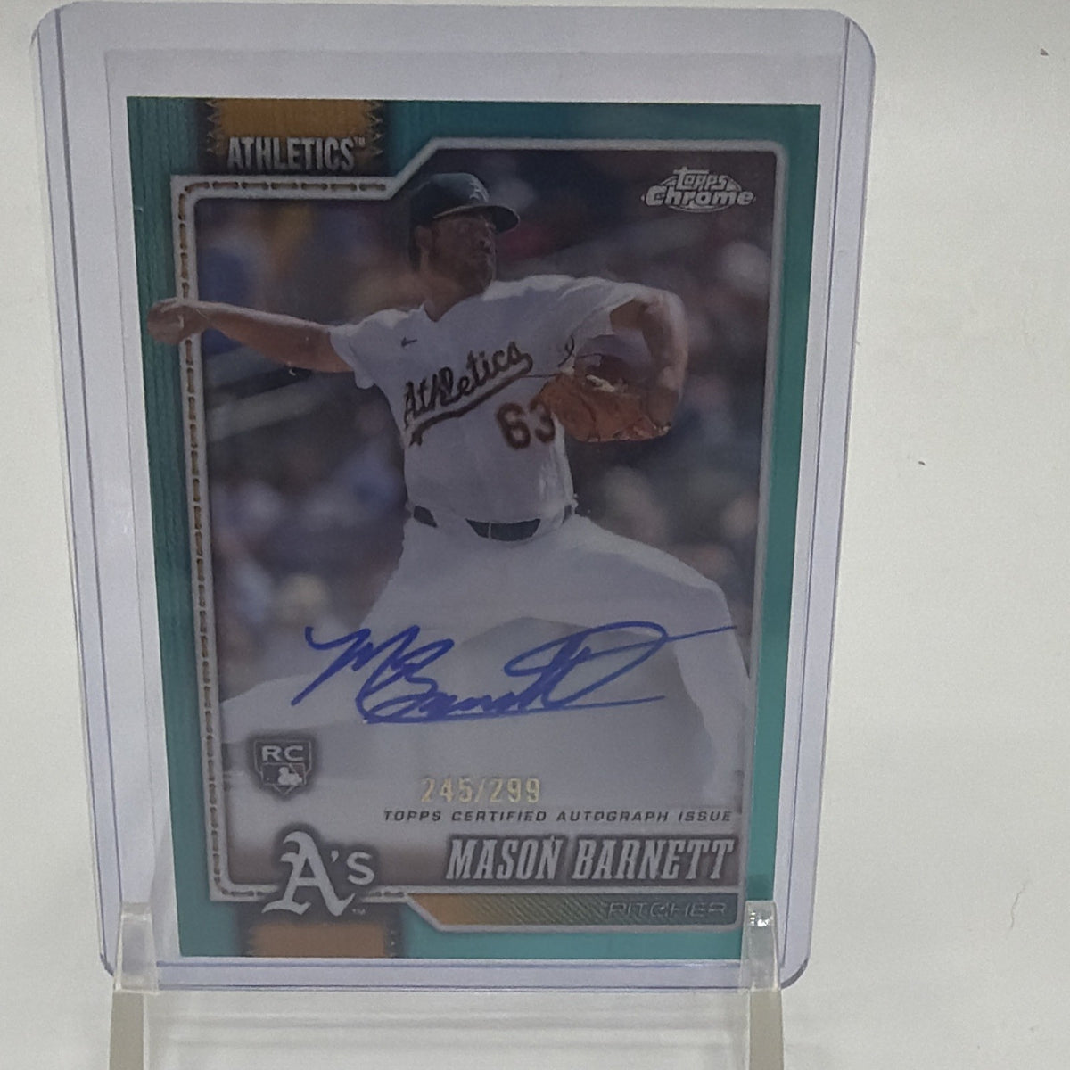 Front of 2026 Topps Chrome Mason Barnett Teal Refractor rookie autograph numbered 245/299