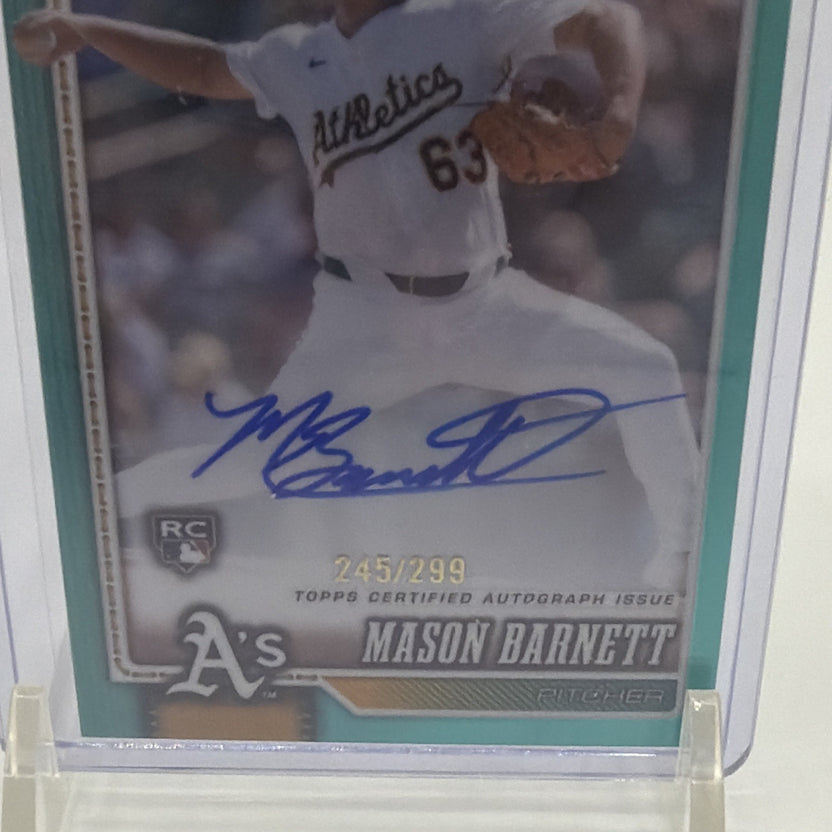 Detailed front view of Mason Barnett 2026 Topps Chrome rookie autograph with blue-ink signature
