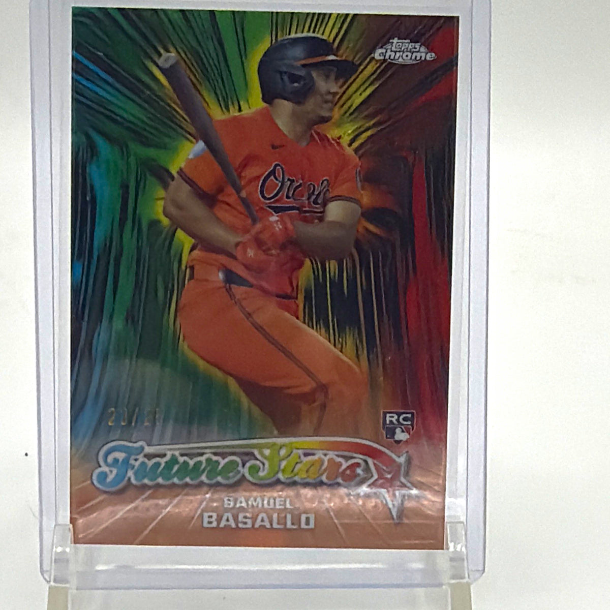 Front of 2026 Topps Chrome Samuel Basallo Future Stars Orange Refractor #FS-4 rookie numbered 23/25