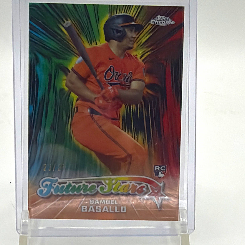 Front of 2026 Topps Chrome Samuel Basallo Future Stars Orange Refractor #FS-4 rookie numbered 23/25