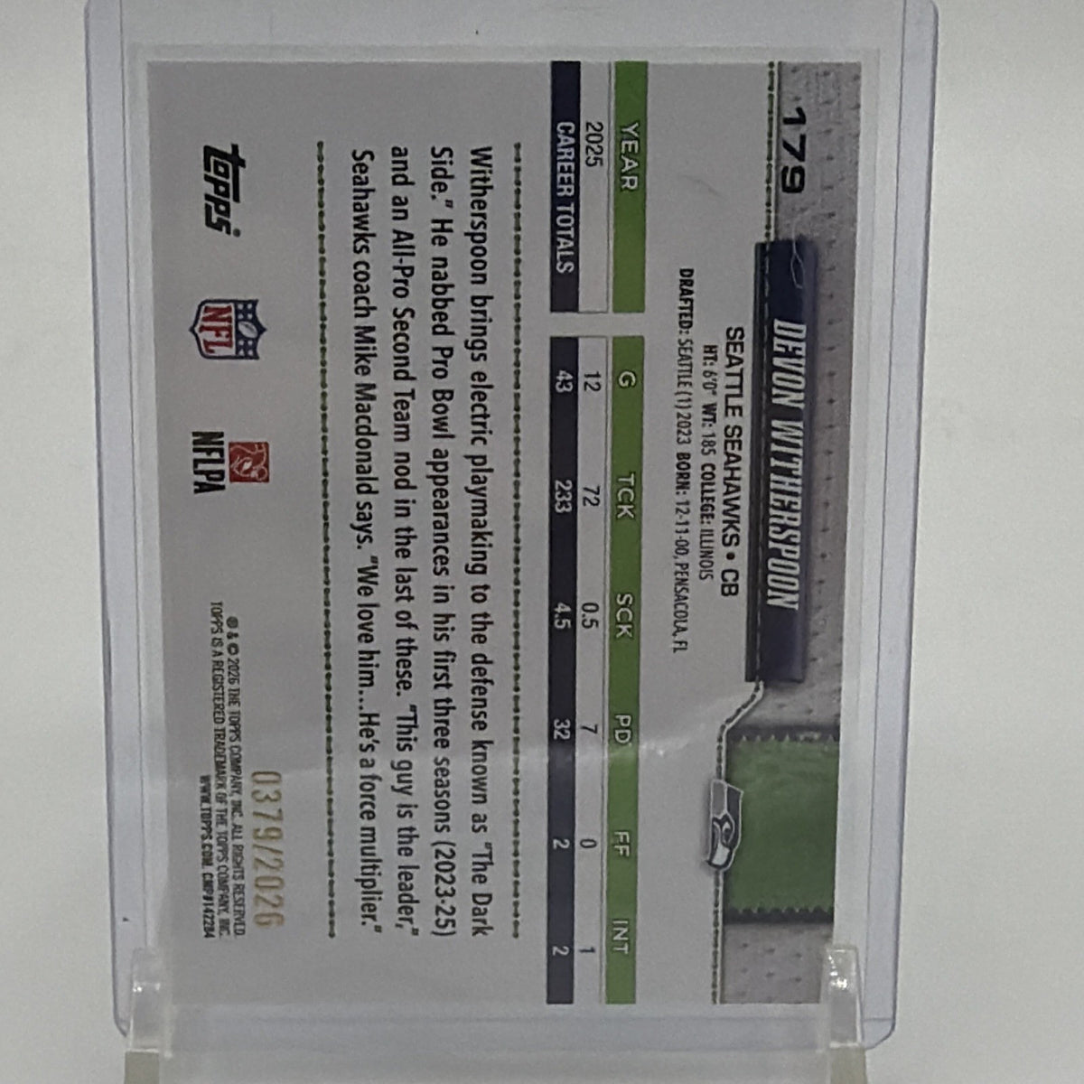 Back of 2026 Topps Devon Witherspoon Gold parallel #179