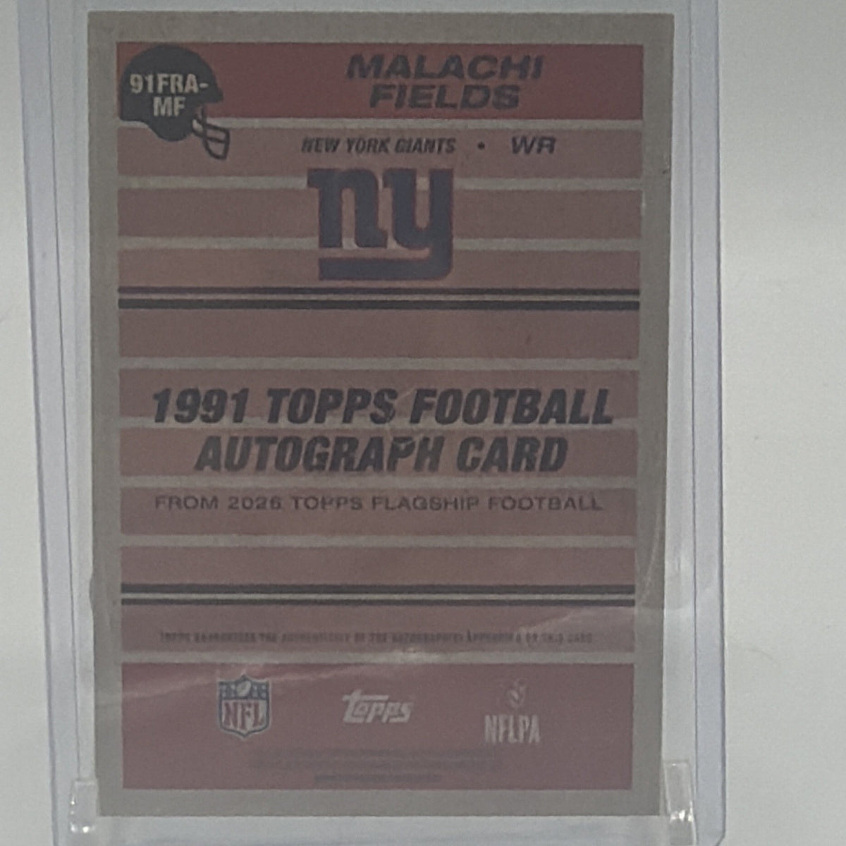 Back of 2026 Topps Flagship Malachi Fields rookie autograph card 91FRA-MF