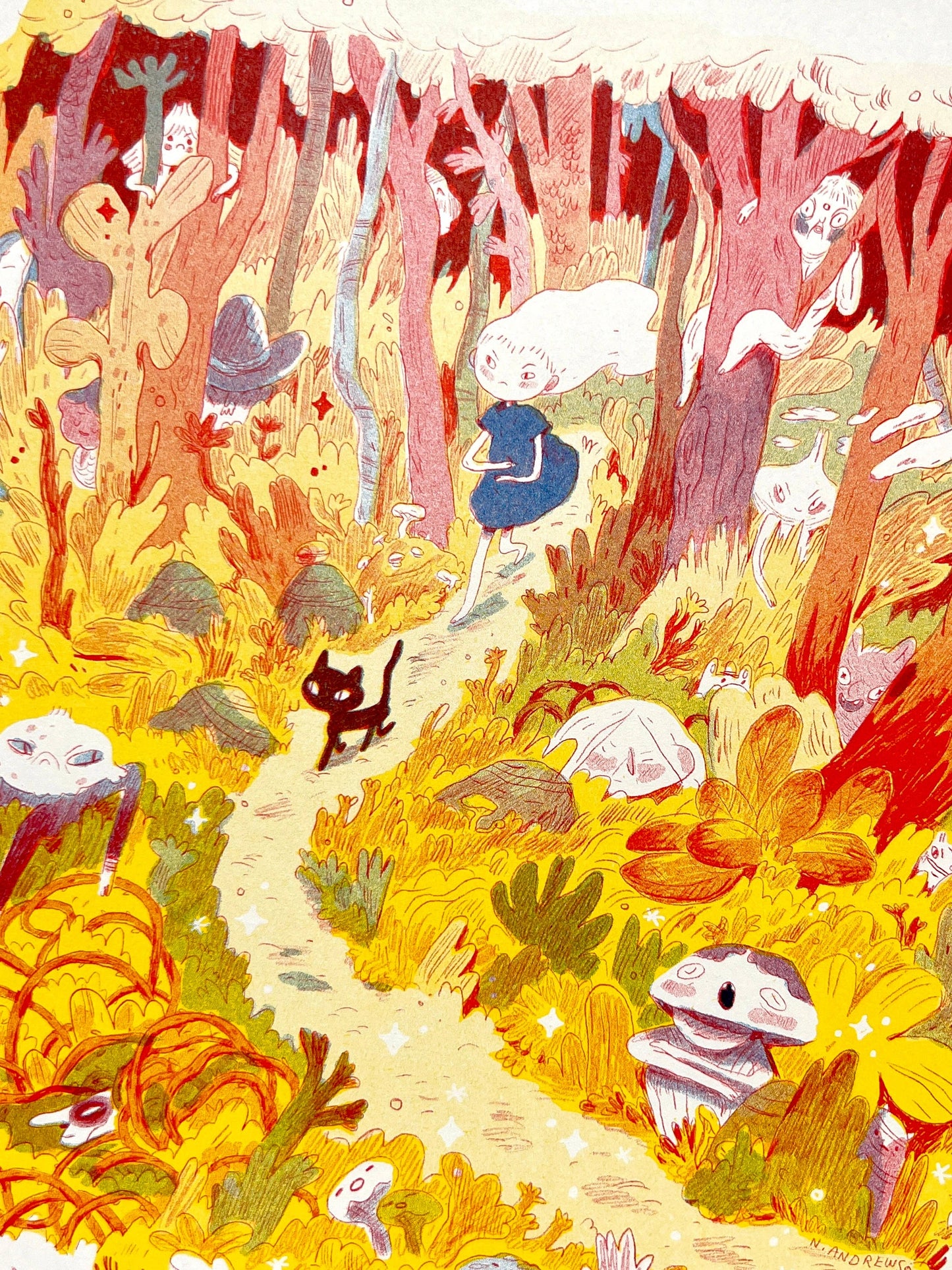 Mamuanna risograph print, Natalie Andrewson riso print, SVA RisoLAB residency art, early risograph artwork, fluorescent pink blue yellow riso, indie printmaker art, narrative comic artwork, vibrant riso illustration, square riso print, collectible risograph art, Los Angeles printmaker, Rogue & Rye artist collection.