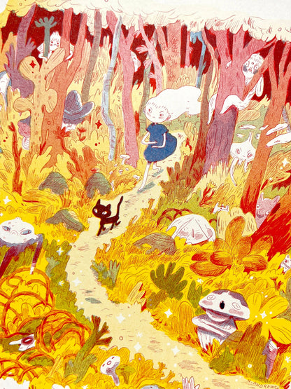 Mamuanna risograph print, Natalie Andrewson riso print, SVA RisoLAB residency art, early risograph artwork, fluorescent pink blue yellow riso, indie printmaker art, narrative comic artwork, vibrant riso illustration, square riso print, collectible risograph art, Los Angeles printmaker, Rogue & Rye artist collection.