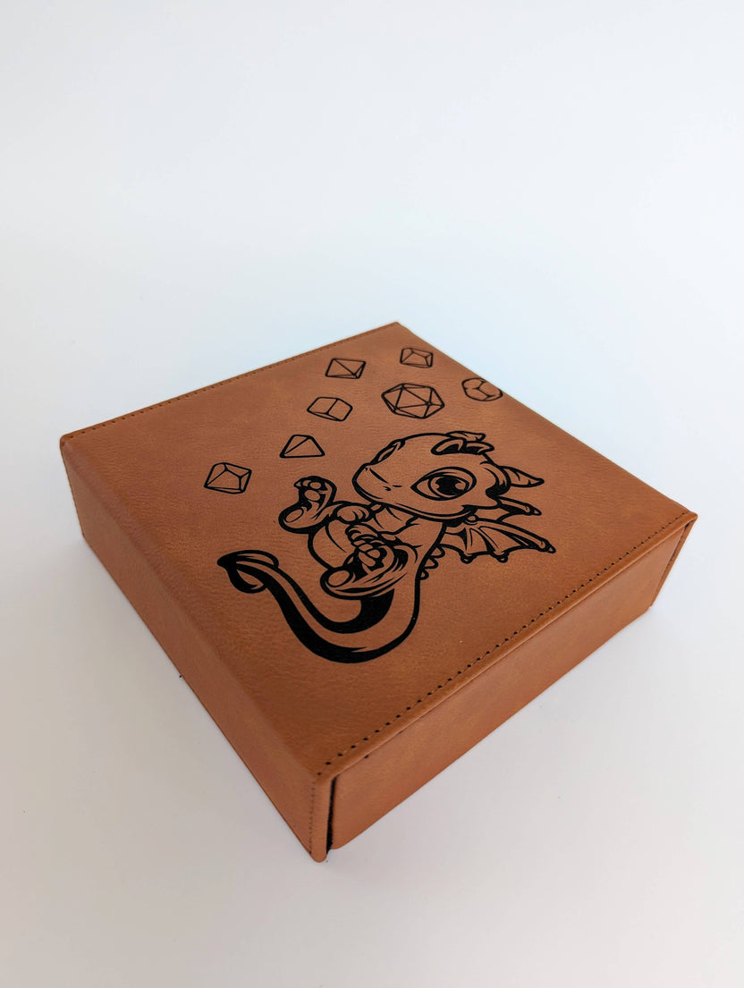 accessory box, organization, keys and accessories, vegan leather dice box, Adoragon dice box, DnD dice storage, NTSD Gaming dice box, tabletop dice tray, fantasy dice case, vegan leather dice tray, RPG dice holder, magnetic lid dice box, cute dragon dice box