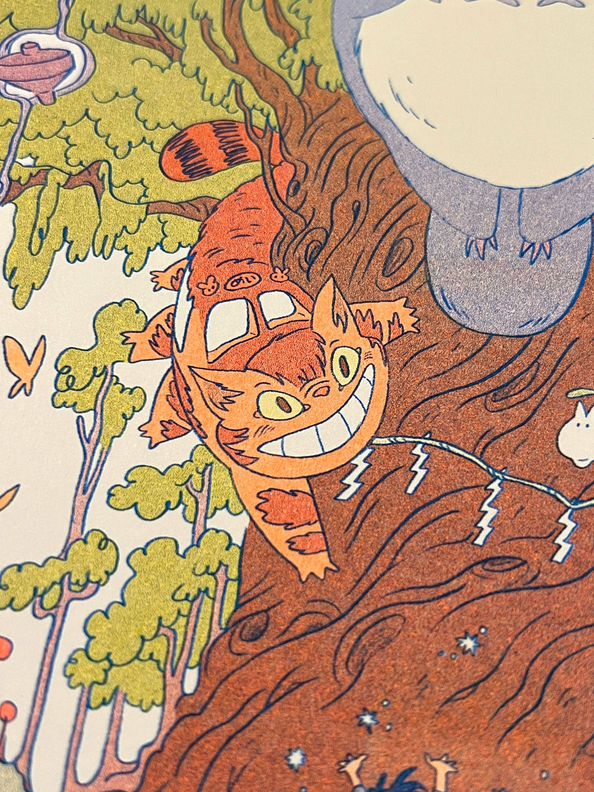 totoro risograph print, forest spirit art print, Natalie Andrewson riso print, blue yellow fluorescent orange riso, Studio Ghibli inspired artwork, whimsical forest spirits illustration, Totoro fan art print, indie printmaker risograph, woodland guardian art, collectible riso print, Rogue & Rye artist collection.
