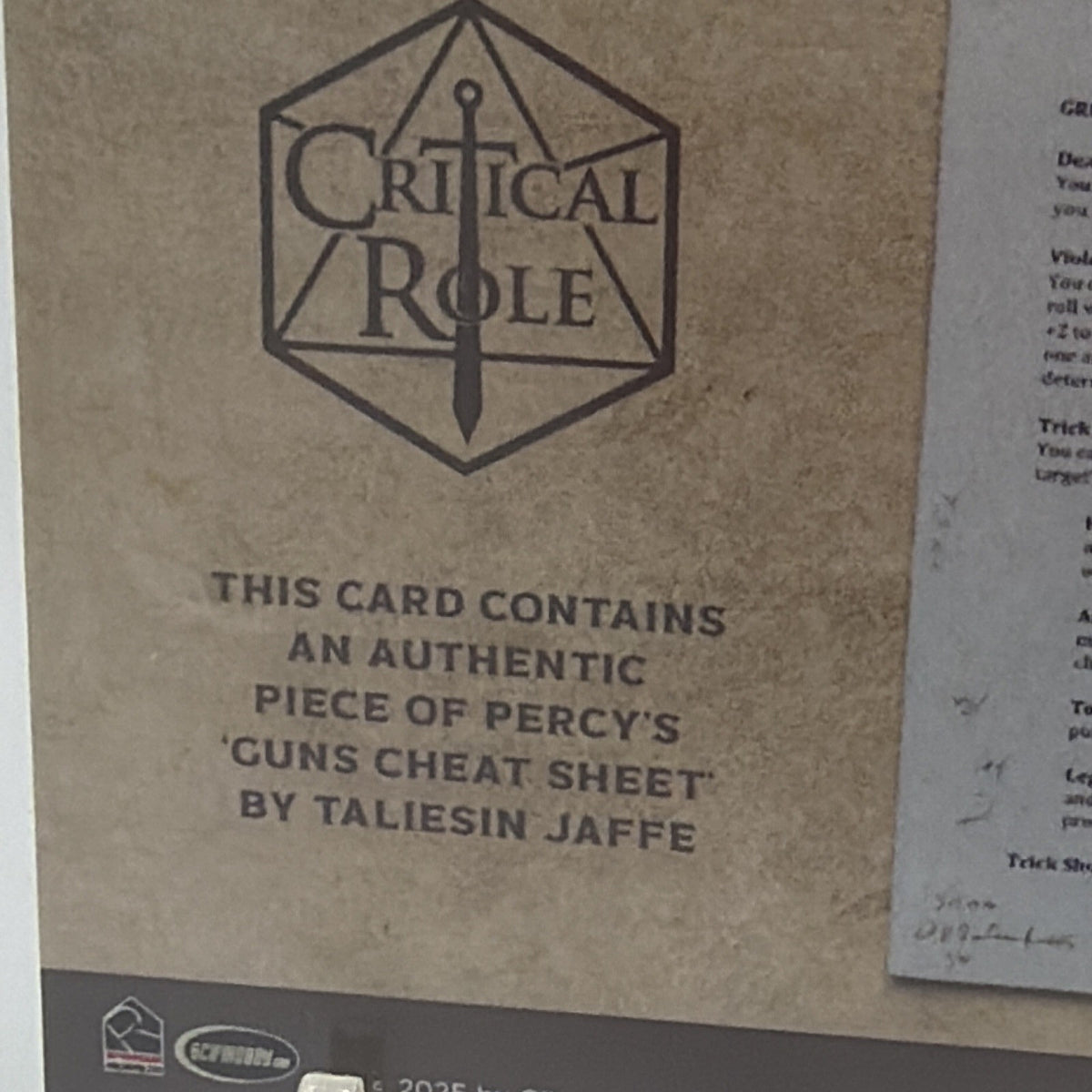 2025 Critical Role 10th Anniversary Percy's Guns Cheat Sheet Taliesin Jaffe