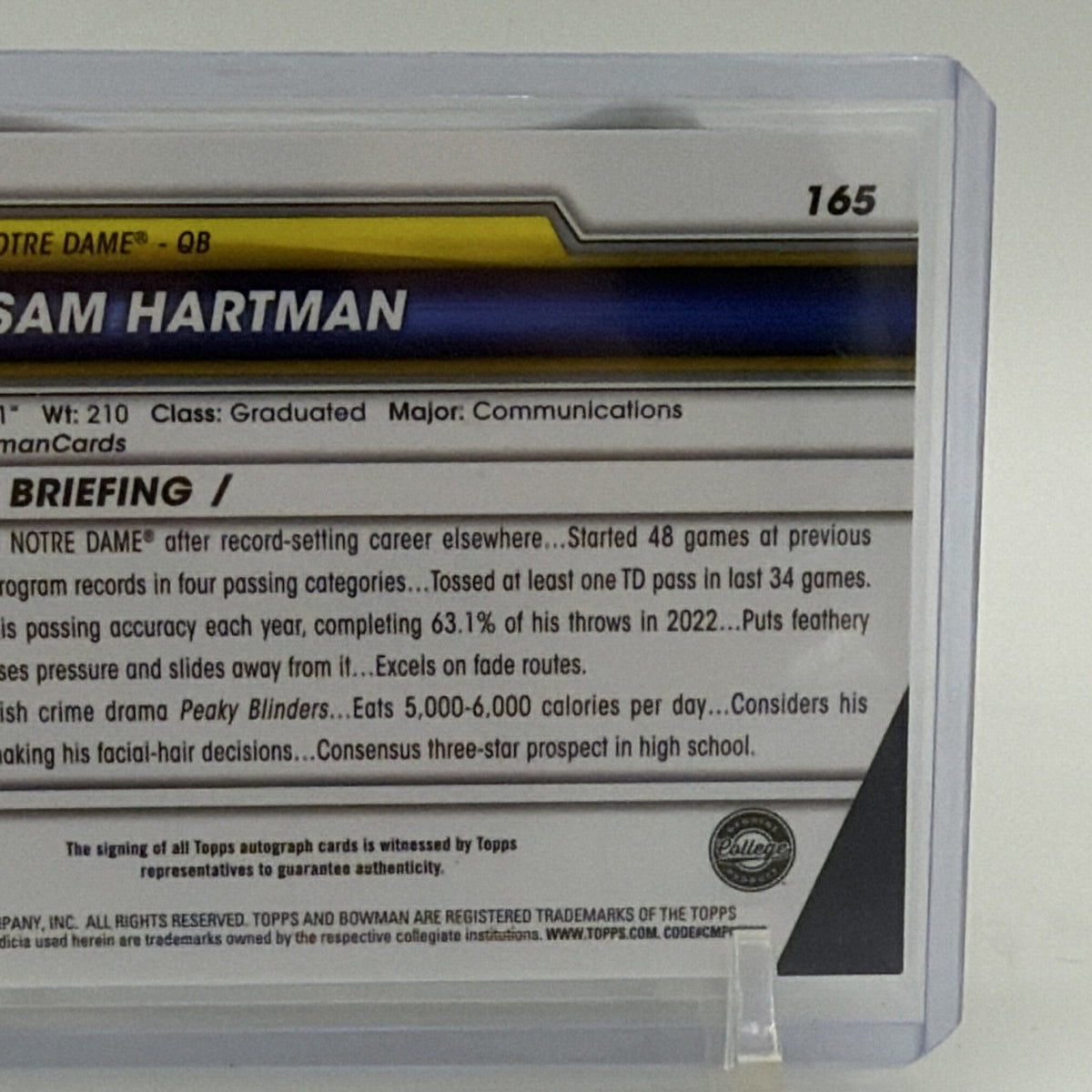 Topps 2023 Bowman University Chrome Sam Hartman Autograph #165 Notre Dame QB