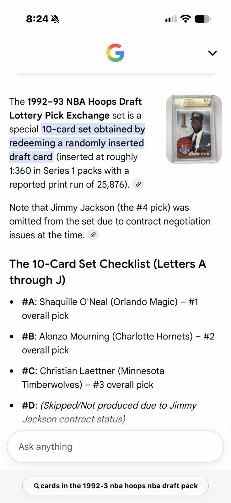 NBA Hoops 1992-93 NBA Draft #1 Shaquille O'Neal RC redemption lottery pack