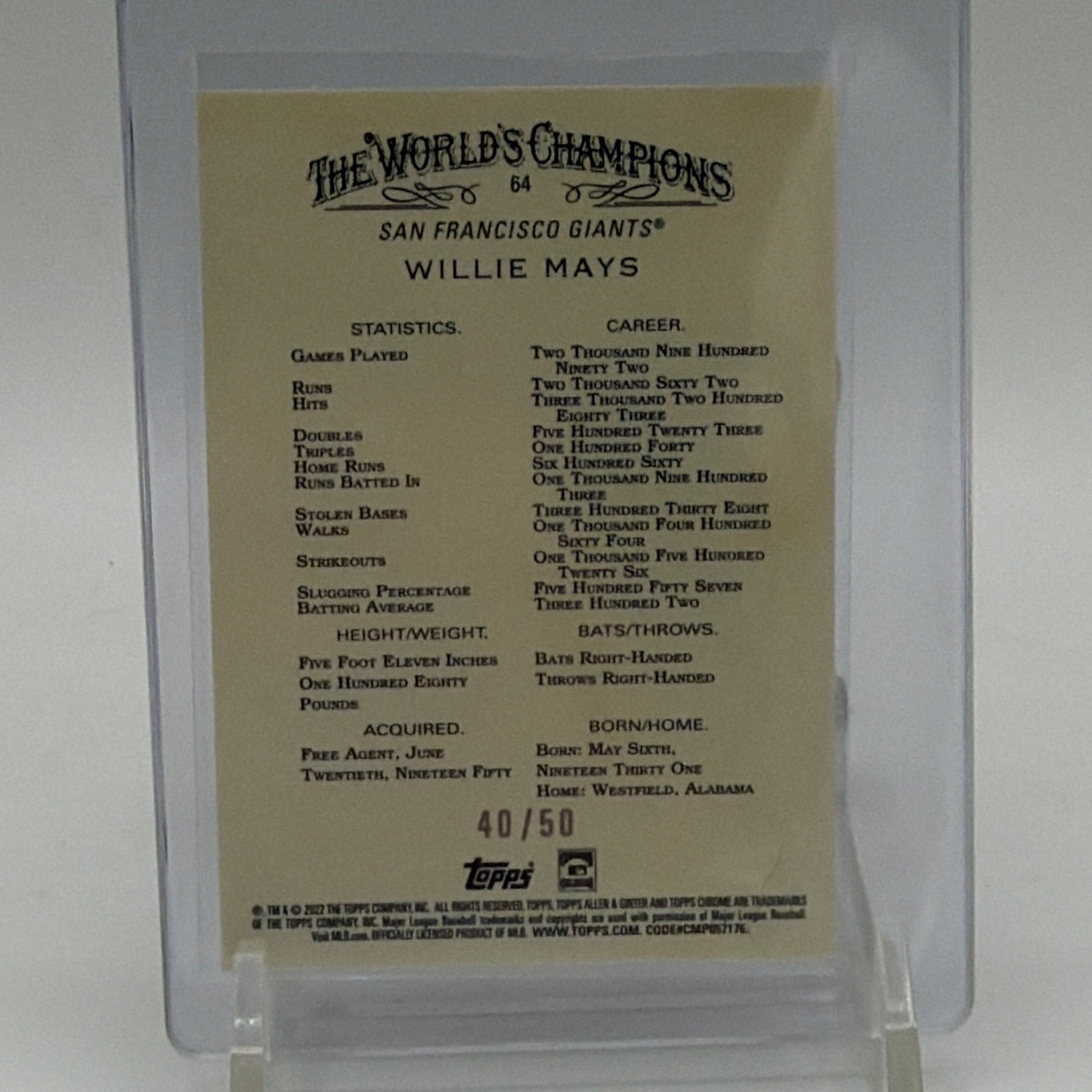 Topps 2022 Allen & Ginter Chrome Willie Mays #64 40/50