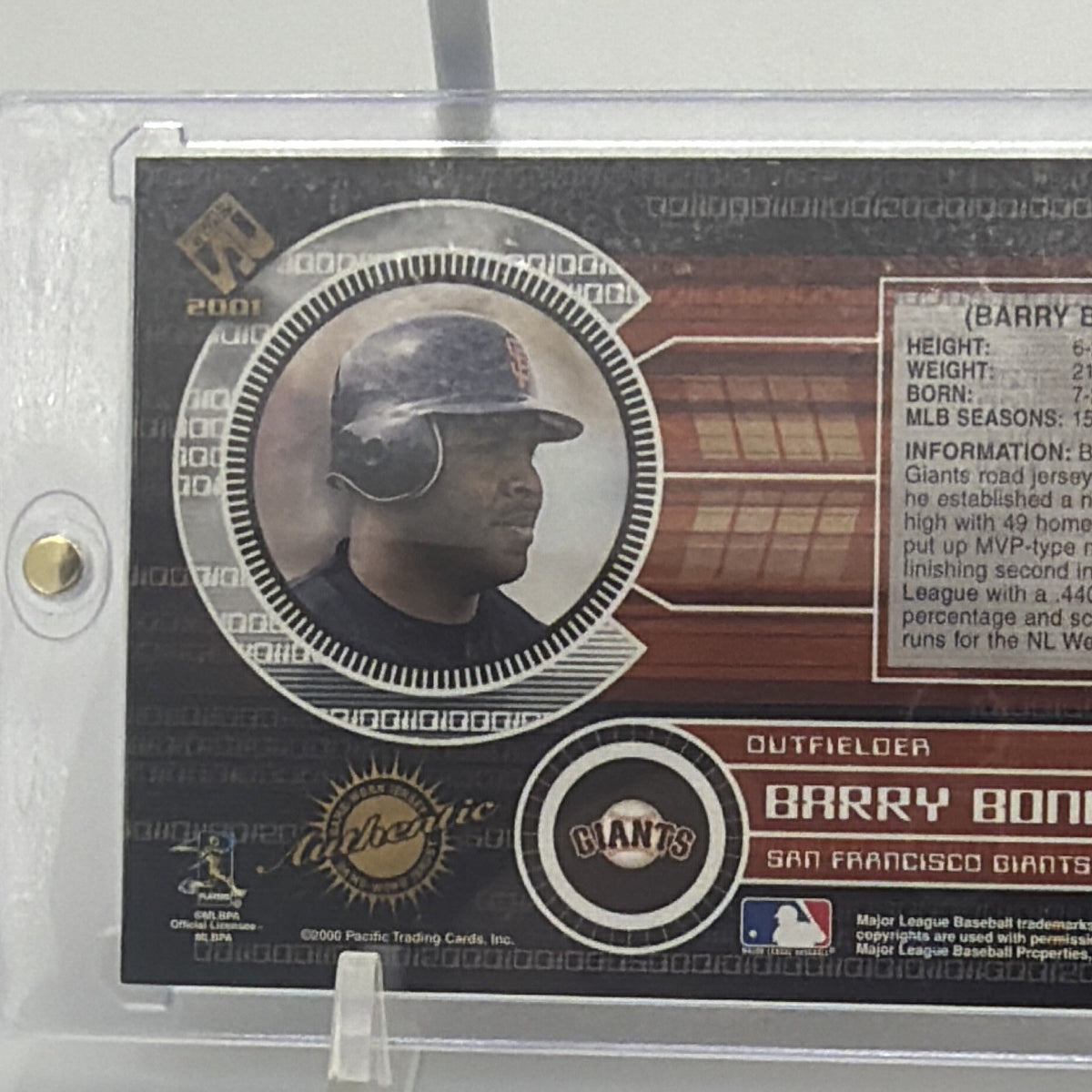 Pacific 2001 Private Stock Authentic Barry Bonds Giants game worn Jersey relic