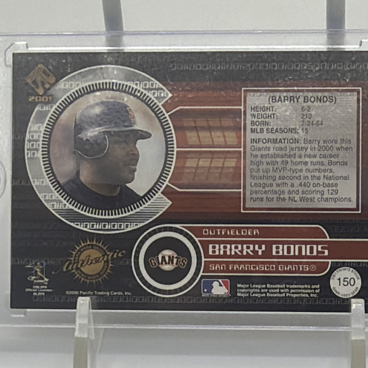 Pacific 2001 Private Stock Authentic Barry Bonds Giants game worn Jersey relic