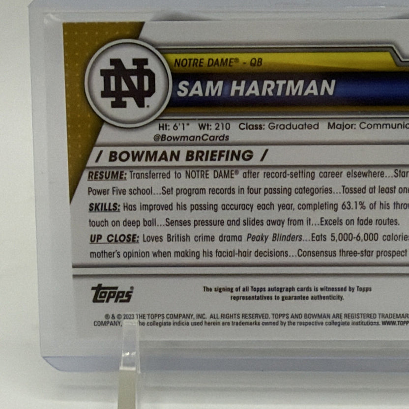 Topps 2023 Bowman University Chrome Sam Hartman Autograph #165 Notre Dame QB