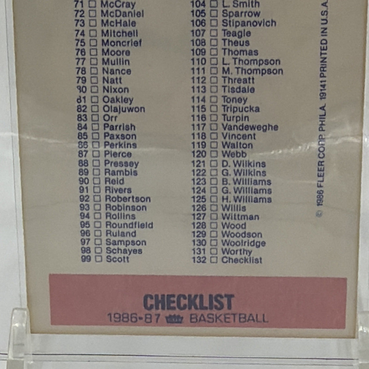 Fleer 1986-87 Fleer Basketball Checklist Card #132 of 132 NBA