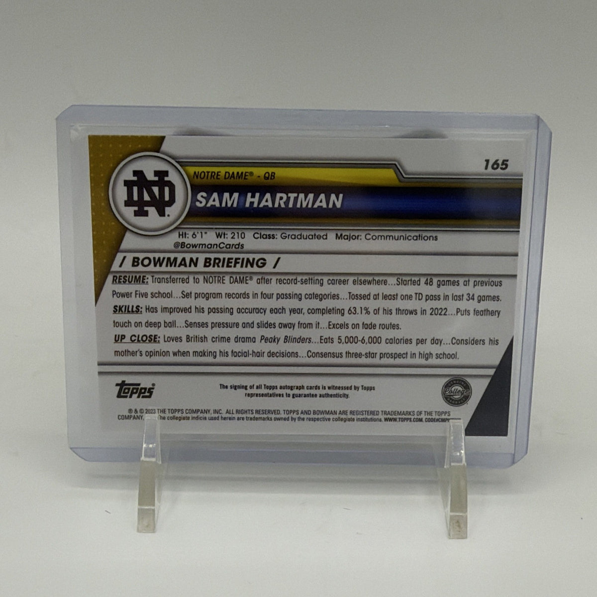 Topps 2023 Bowman University Chrome Sam Hartman Autograph #165 Notre Dame QB