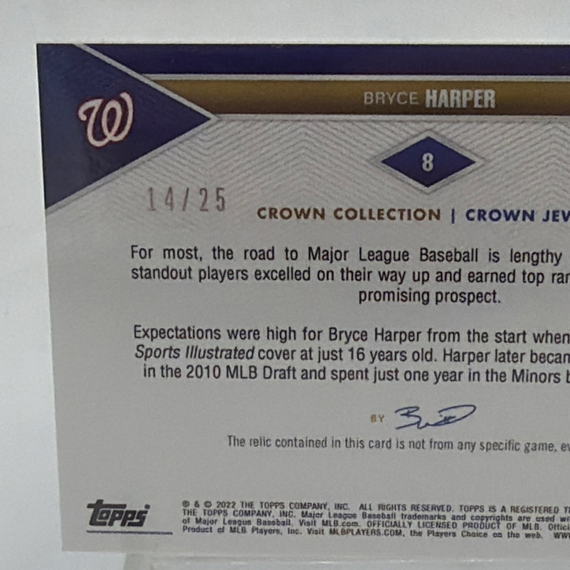 2022 Topps x Bobby Witt Jr. Crown Collection Game Relic Bryce Harper #8 14/25